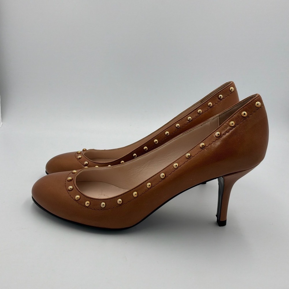 Claudia Ciuti Firenze Brown Leather Studded Round Toe Kitten Heel Pumps Italy‎